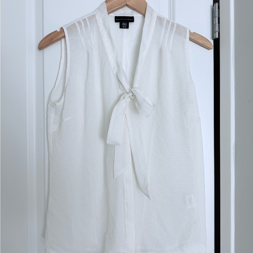 Apostrophe Ivory Sleeveless Blouse with Bow Detail Sheer Peasant Nautical